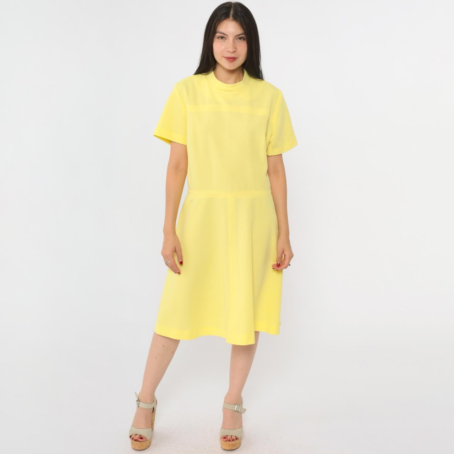 60s Yellow Mod Dress High Waist Ribbed Knit Knee Length Short Sleeve Large