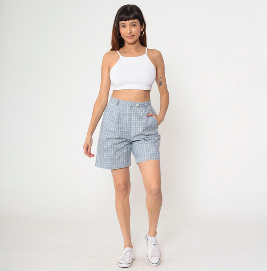90s Liz Golf Plaid Shorts Light Blue High Waisted Pleated Small