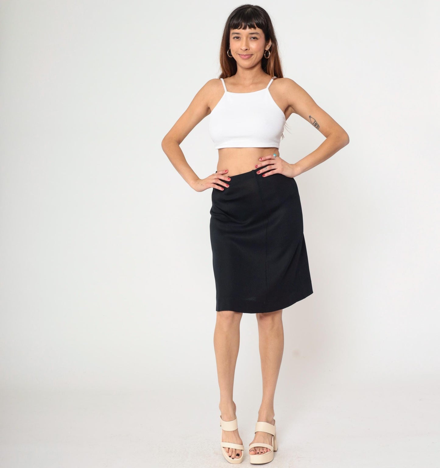 70s Black Knit Pencil Skirt High Waist Knee Length Extra Small