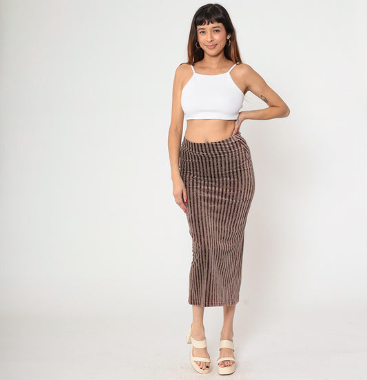 90s Brown Striped Velvet Midi Skirt High Waist Bodycon Pencil Medium