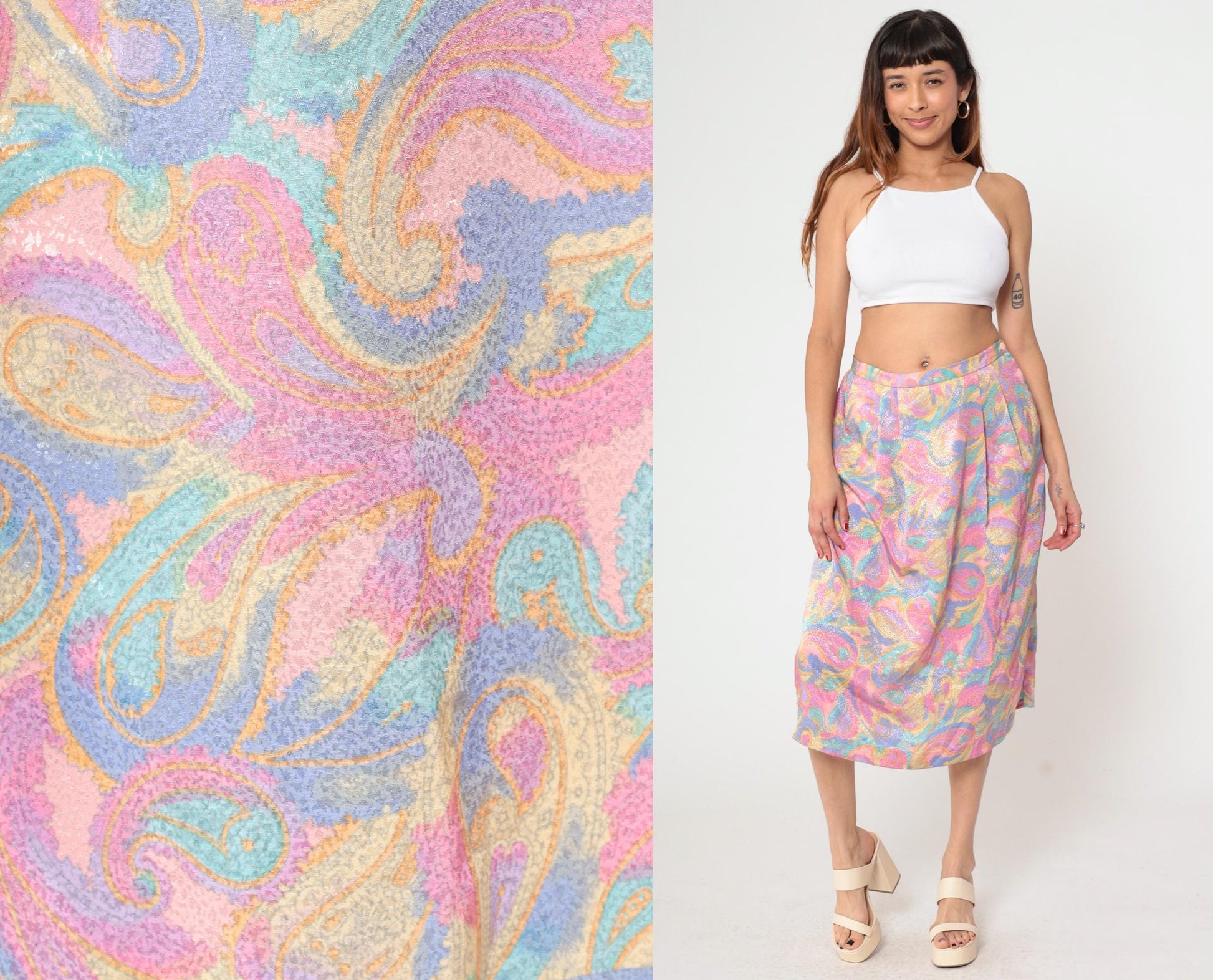 80s Pastel Paisley Midi Skirt High Waist Pleated Pockets Medium