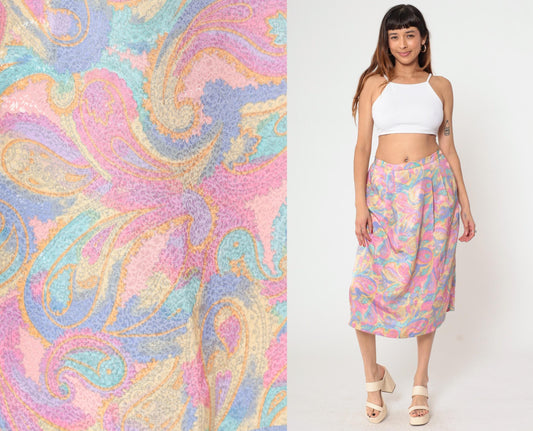 80s Pastel Paisley Midi Skirt High Waist Pleated Pockets Medium