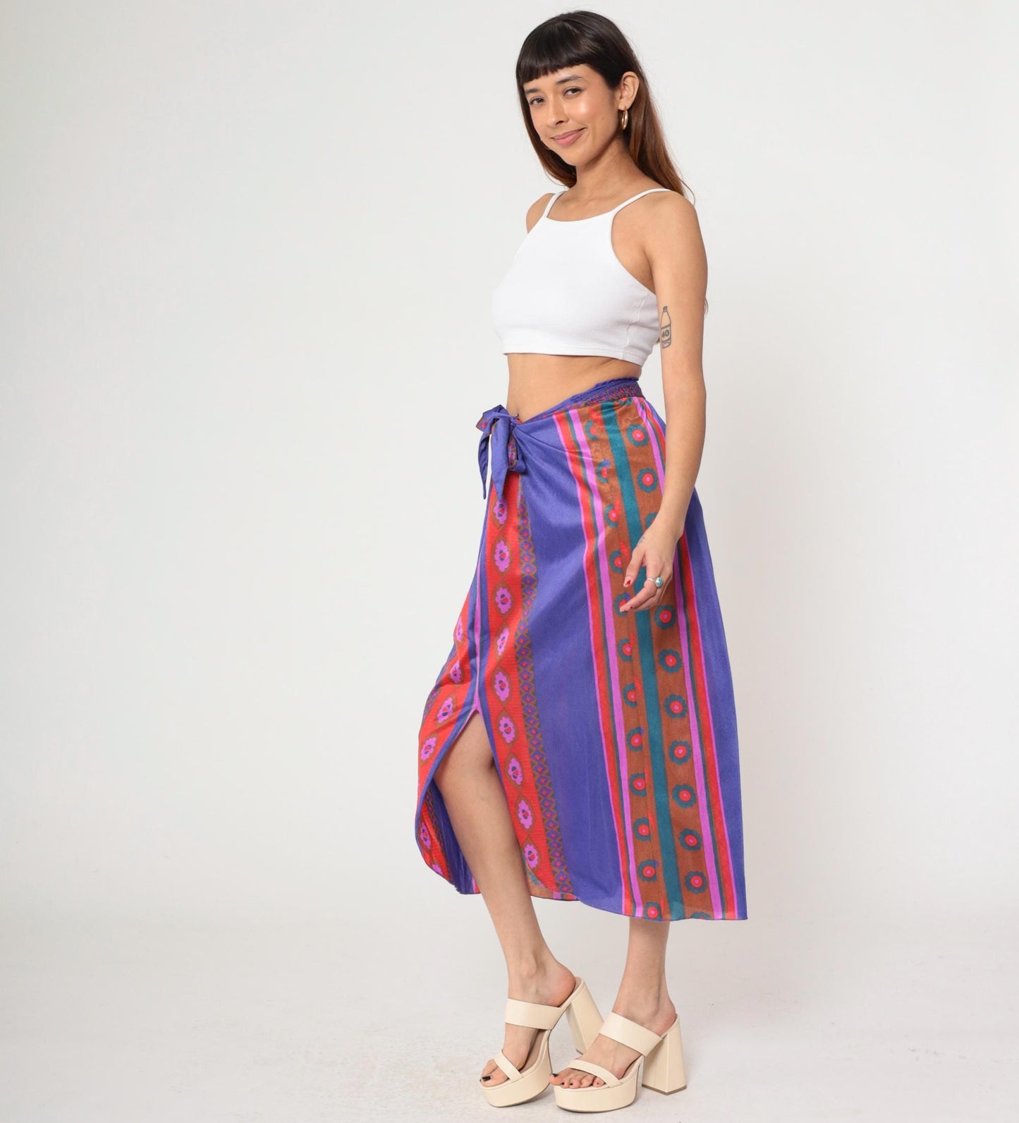 70s Stewart Striped Midi Skirt Purple Red Tie Waist Front Slit Medium