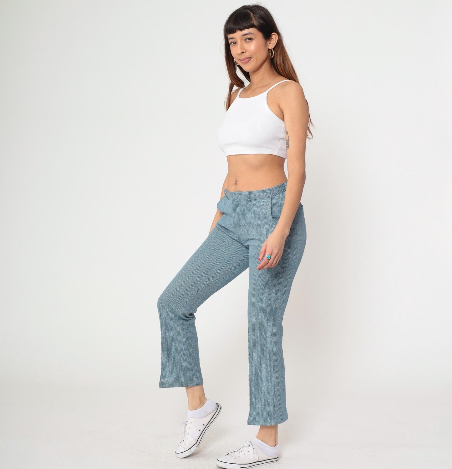 70s Blue Herringbone Bootcut Trousers Mid Rise Mod Small 6