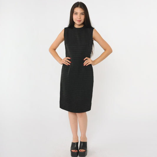 60s Black Ribbed Sheath Dress Sleeveless Knee Length Cocktail Extra Small XS