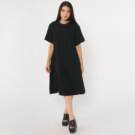 1960s Black Shift Dress Fold-Over Collar Knee Length Extra Large XL