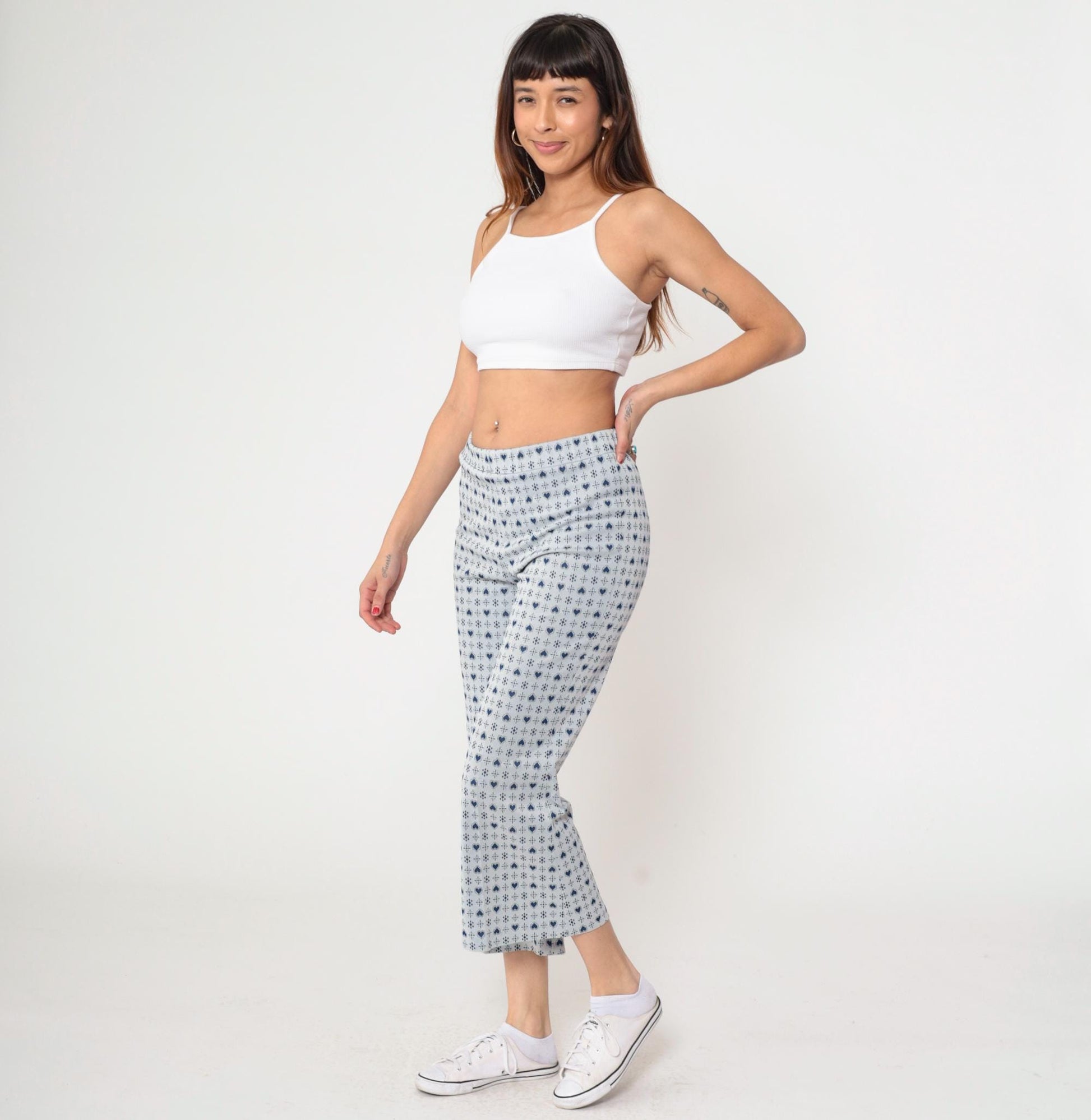70s Heart Print Flared Trousers Grey Blue High Waisted Bell Bottoms Small