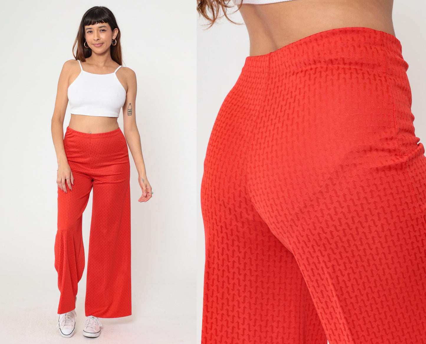70s Red Wide Leg Flared Pants High Rise Geometric Texture Small Medium