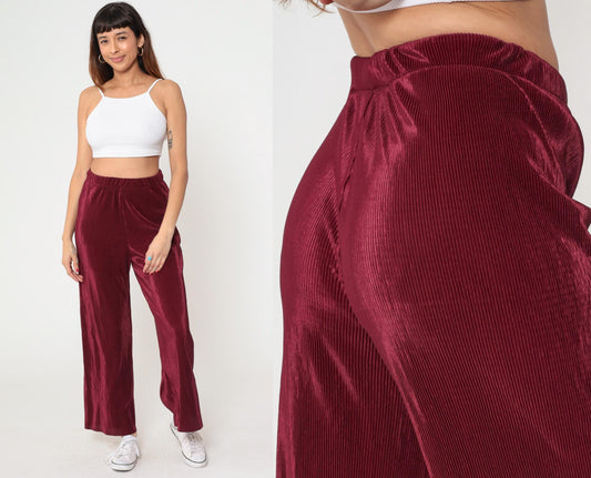 90s Burgundy Wide Leg High Waist Pants Ribbed Texture Medium M