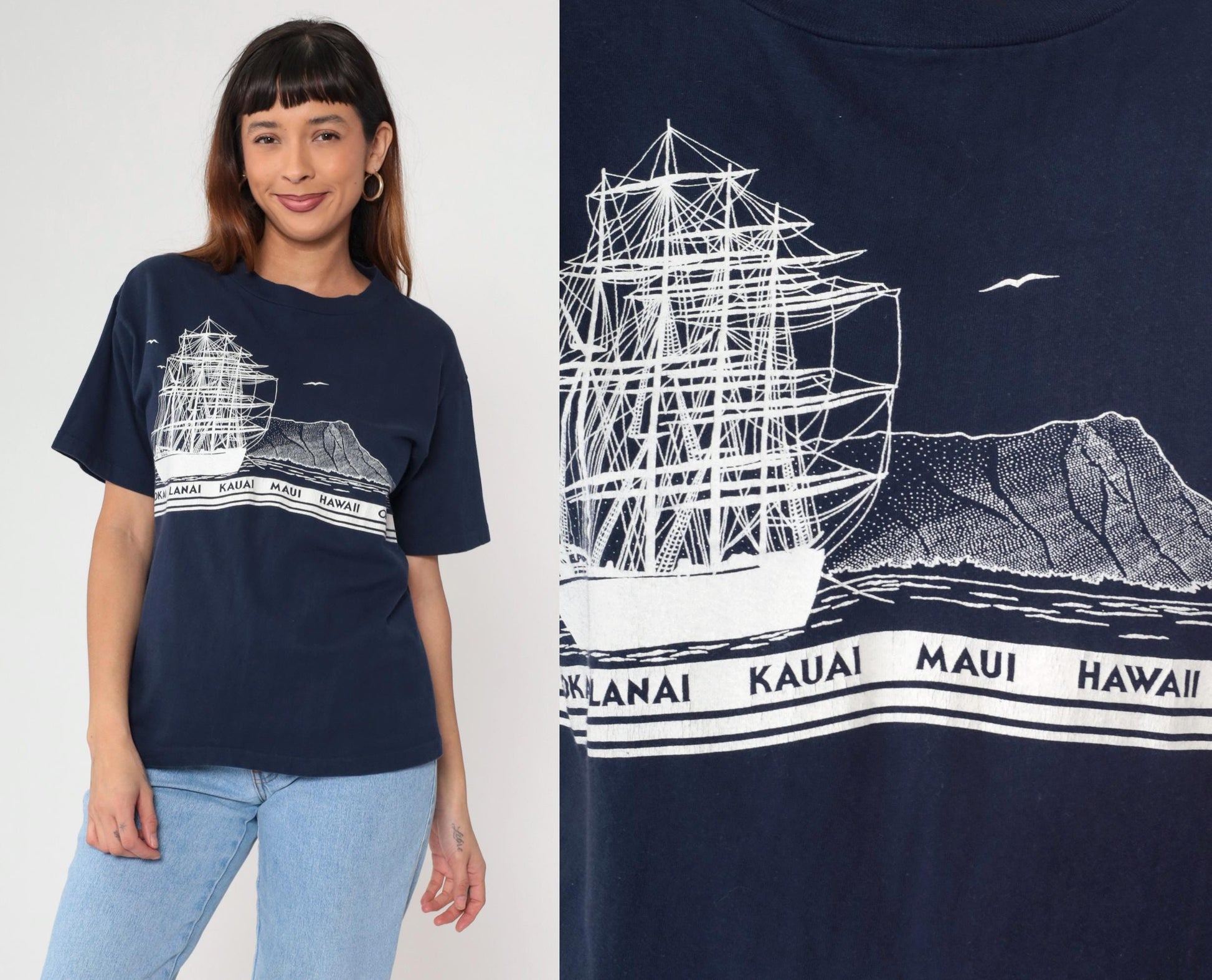 80s Hawaii Sailboat Graphic T-Shirt Navy Blue Islands Crewneck Medium