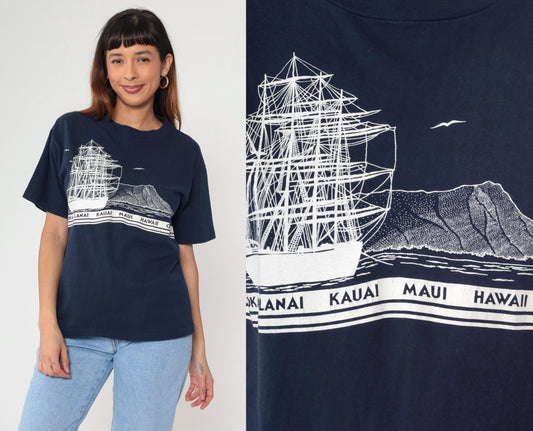 80s Hawaii Sailboat Graphic T-Shirt Navy Blue Islands Crewneck Medium
