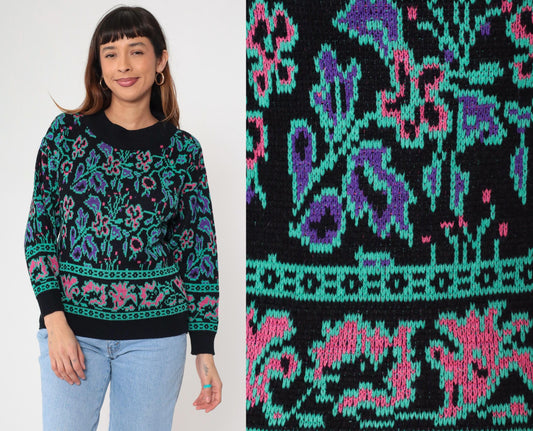 80s Abstract Floral Jacquard Sweater Black Knit Crewneck Small