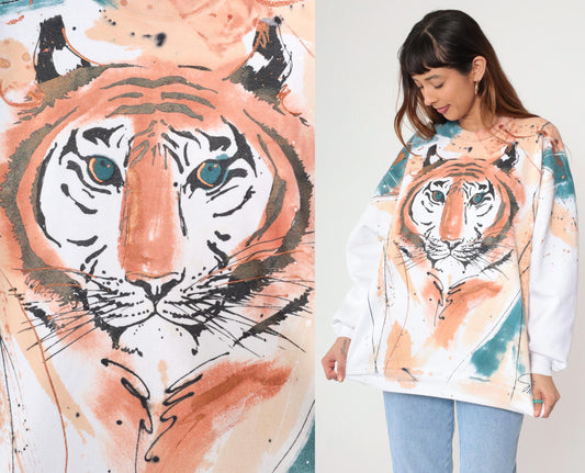 80s Hand-Painted Tiger Sweatshirt Metallic Glitter White Graphic Jumper Large L