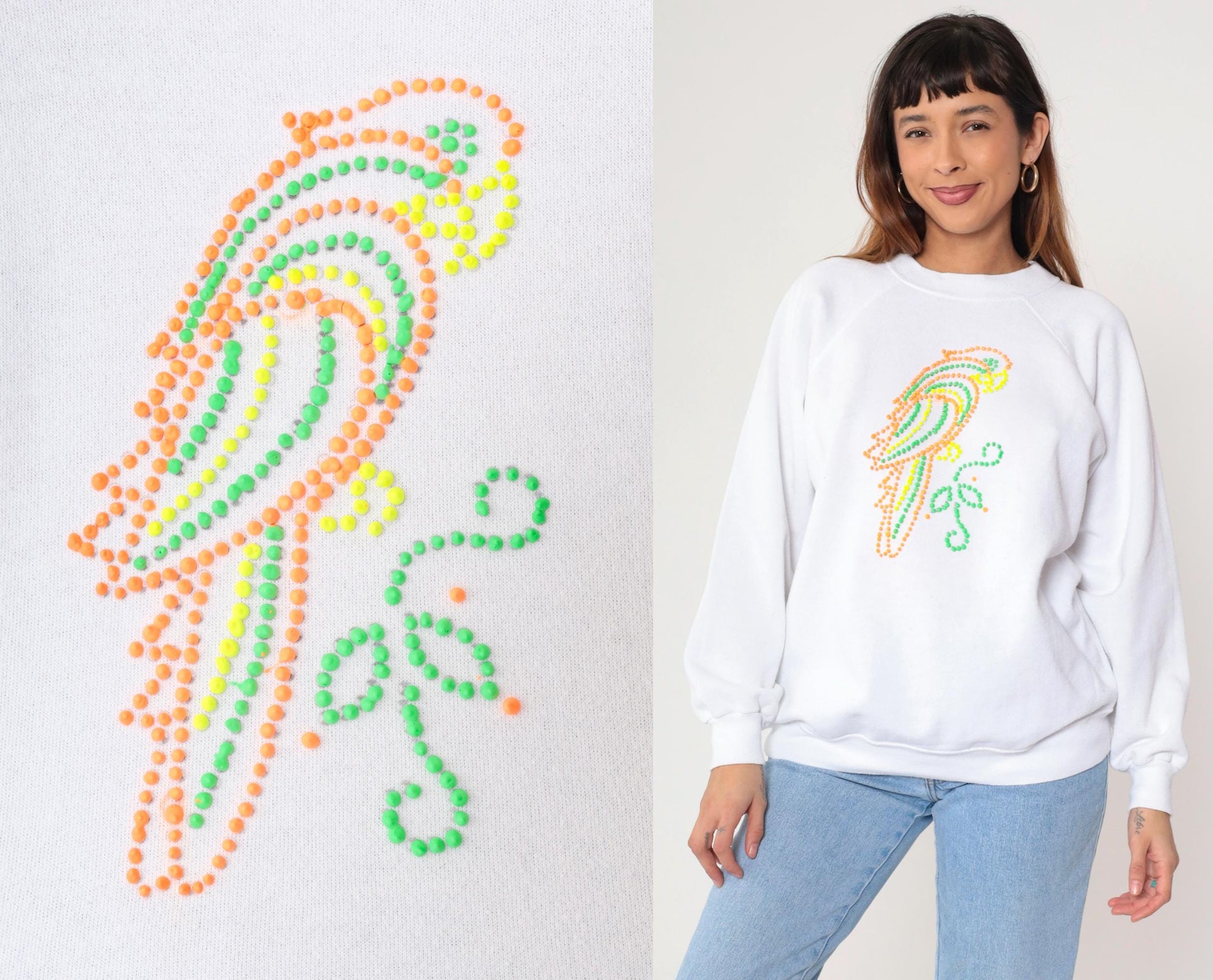 90s Neon Parrot Sweatshirt White Painted Graphic Raglan Crewneck Extra Large XL