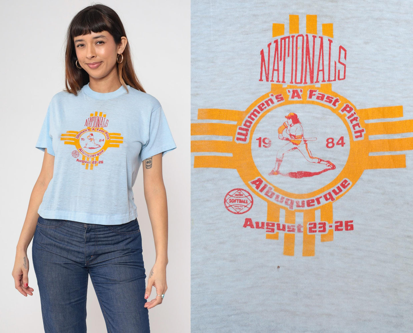 80s Albuquerque Women's A Fast Pitch Softball Graphic Tee Baby Blue Cropped Medium