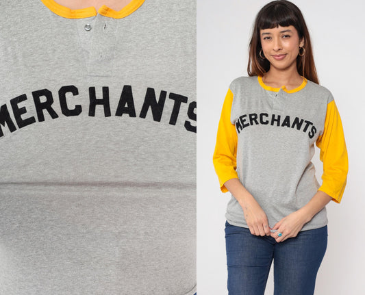 80s Merchants Baseball Shirt Grey Yellow Henley 3/4 Sleeve Medium