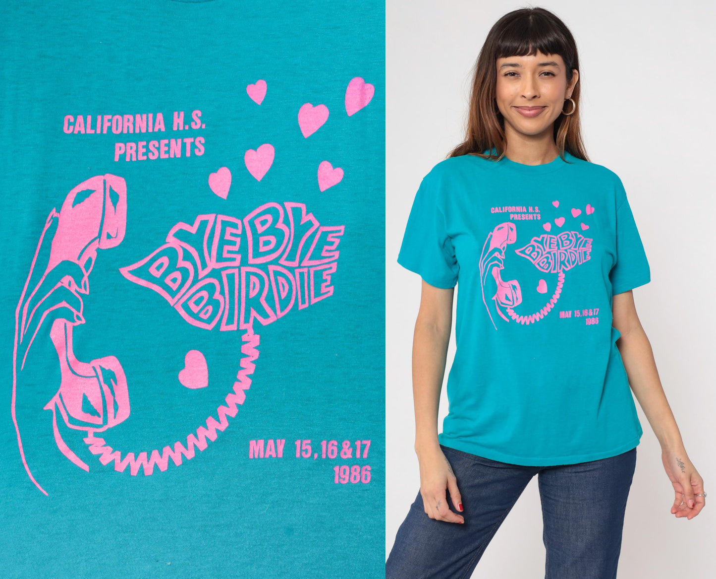 80s Bye Bye Birdie California High School Musical Graphic Tee Turquoise Pink Medium