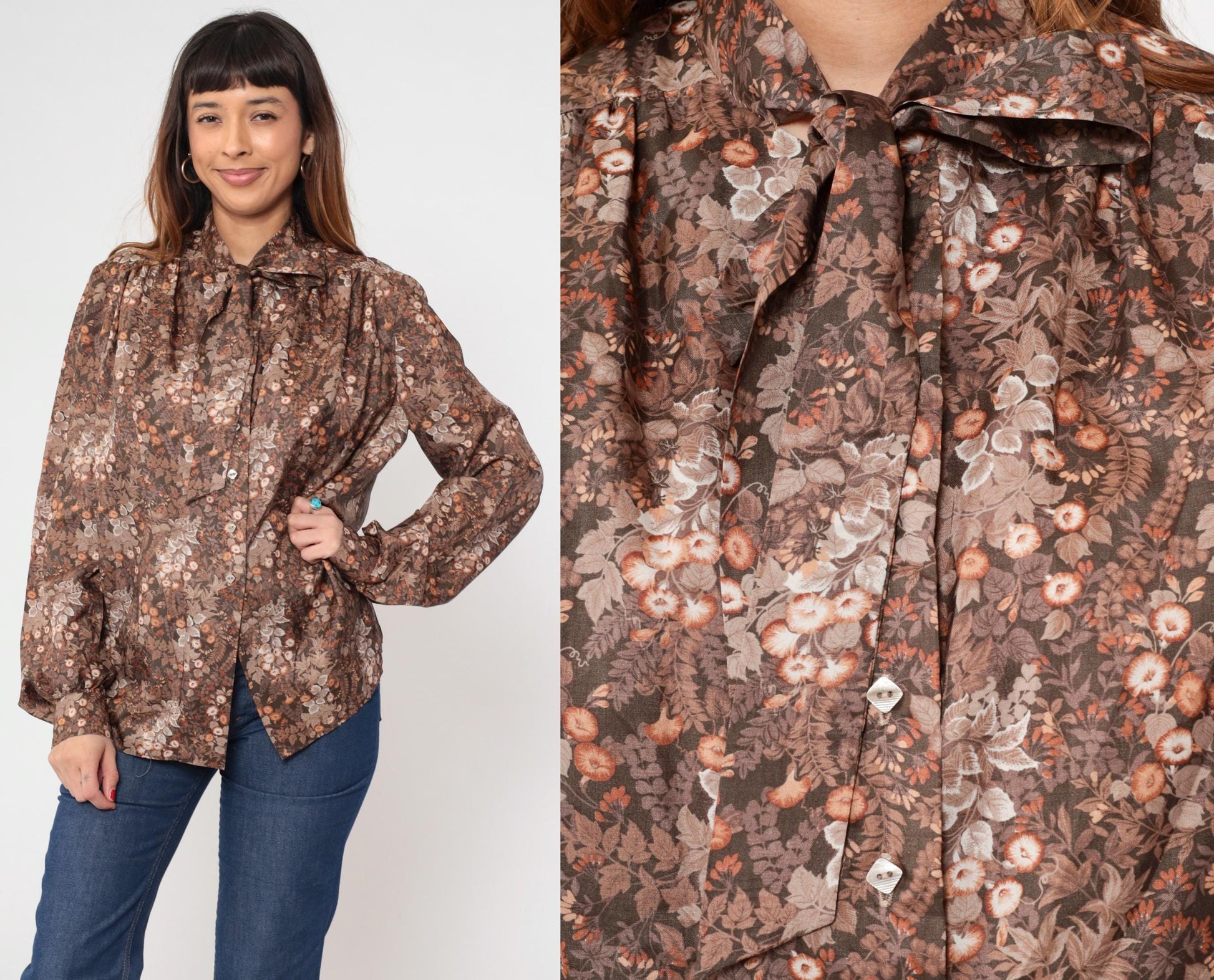 70s Brown Floral Ascot Blouse Button-Up Long Sleeve Large L