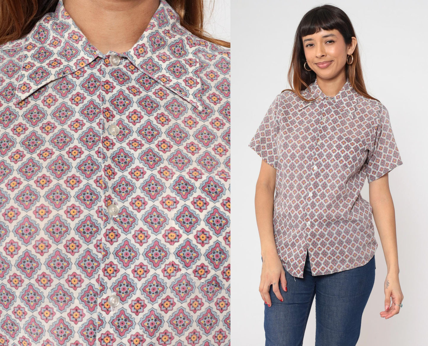 70s Geometric Mandala Button Up Shirt Pointed Collar Short Sleeve White Red Small