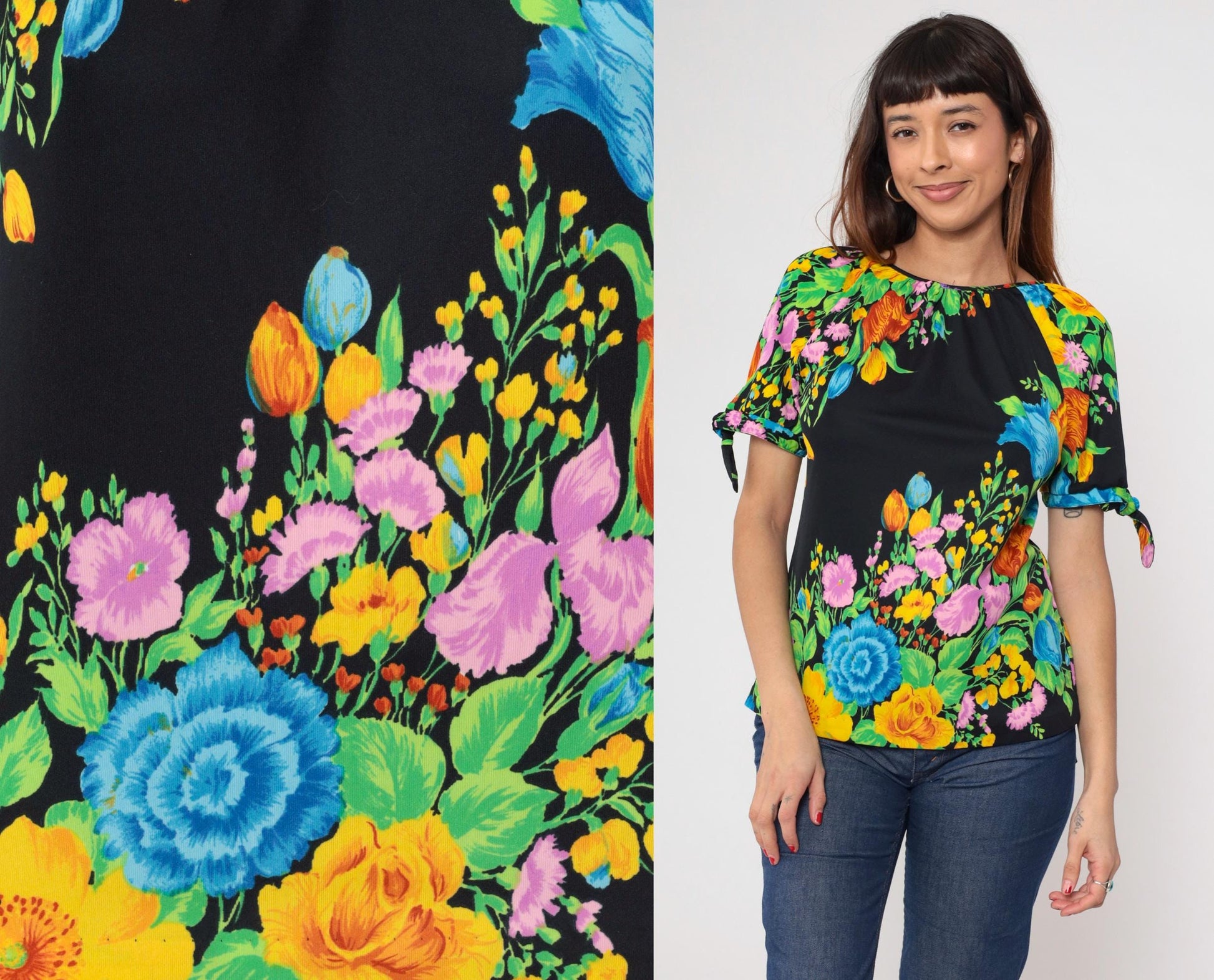 70s Black Floral Blouse Tie Sleeve Keyhole Neckline Short Sleeve Small