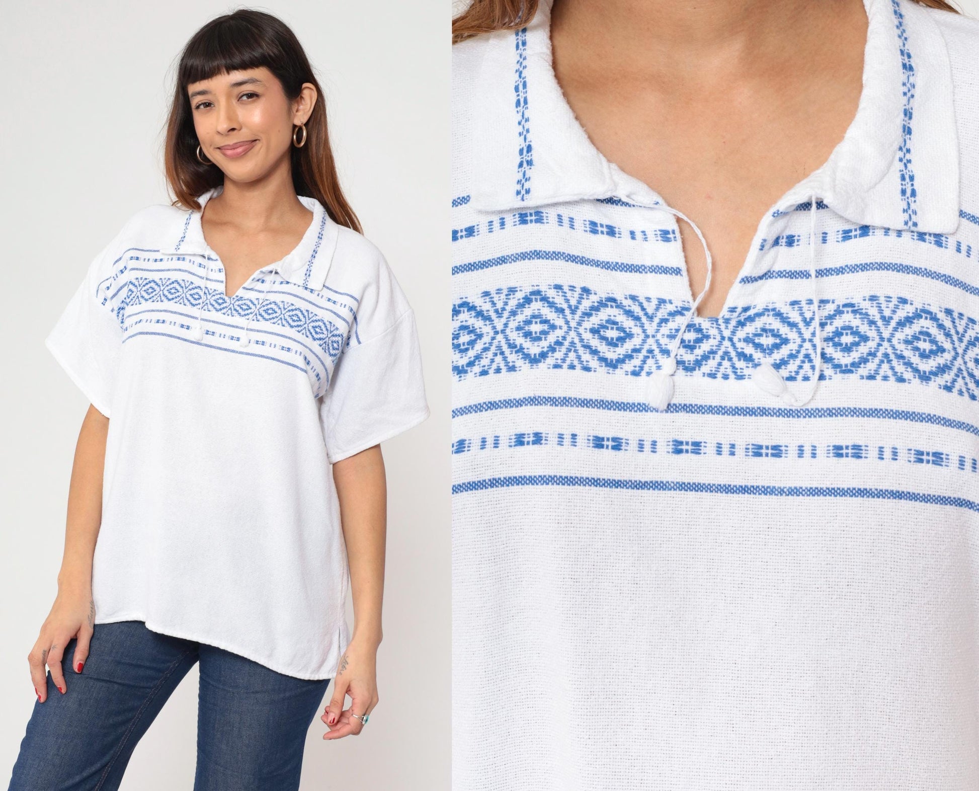 90s White Tunic Top Blue Geometric Embroidery Tie Neck Short Sleeve Medium
