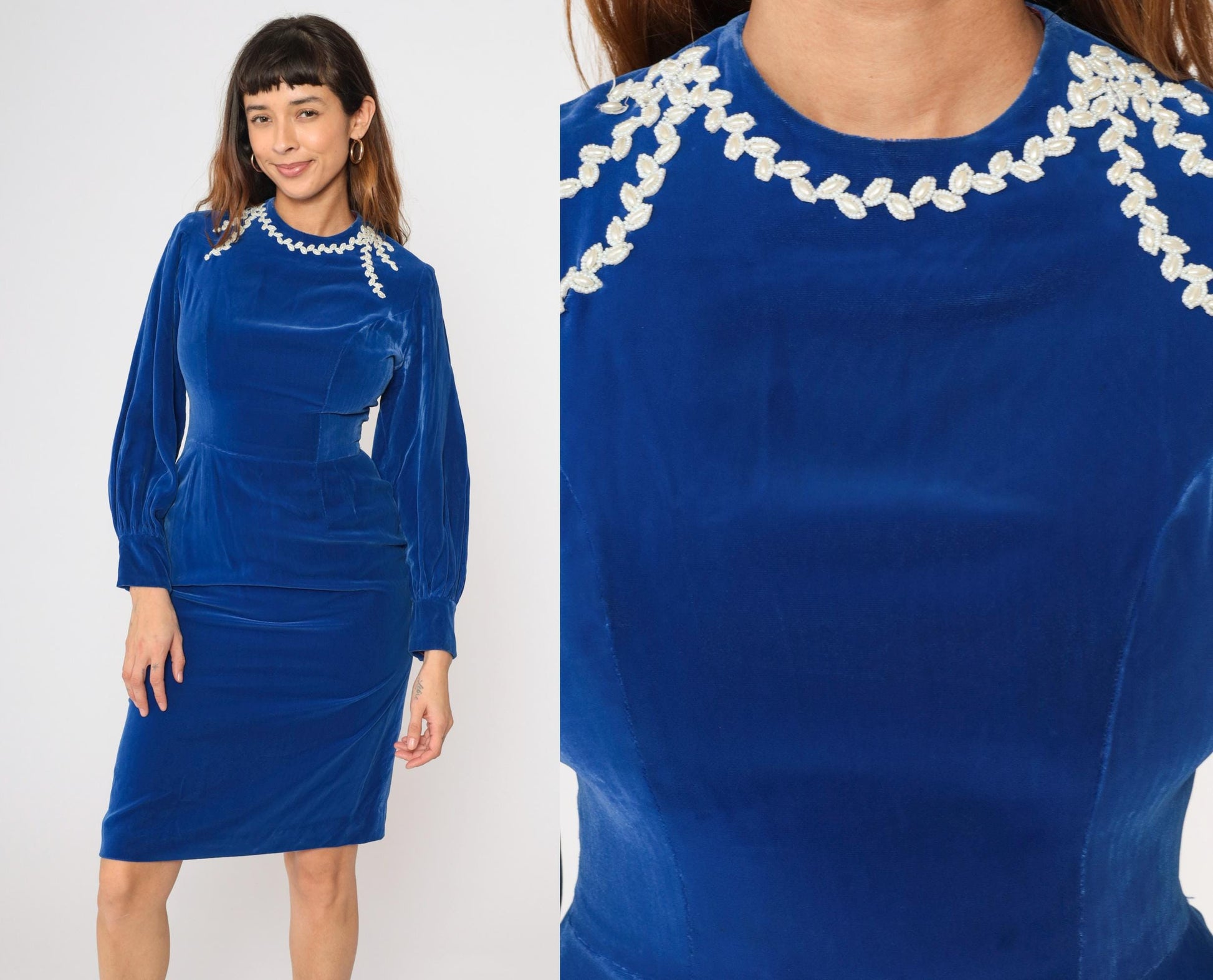 60s Blue Velvet Beaded Cocktail Dress Long Sleeve Sheath Pencil Knee Length Small