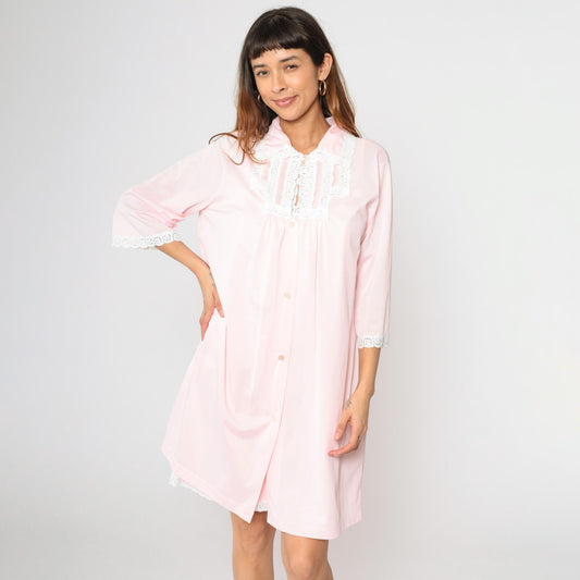 70s Baby Pink Nylon Nightgown & Robe Set Lace Trim Mini Large L