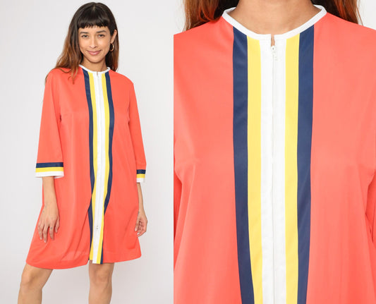 70s Gossard Artemis Orange Striped Nylon Nightgown Zip Front Mini Medium M