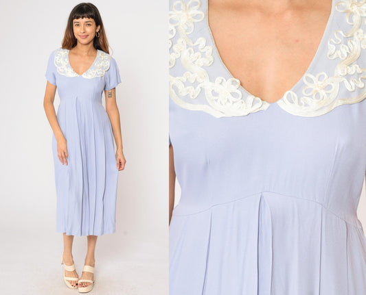 90s Lavender Midi Dress Soutache Lace Collar High Waist Pleated Small