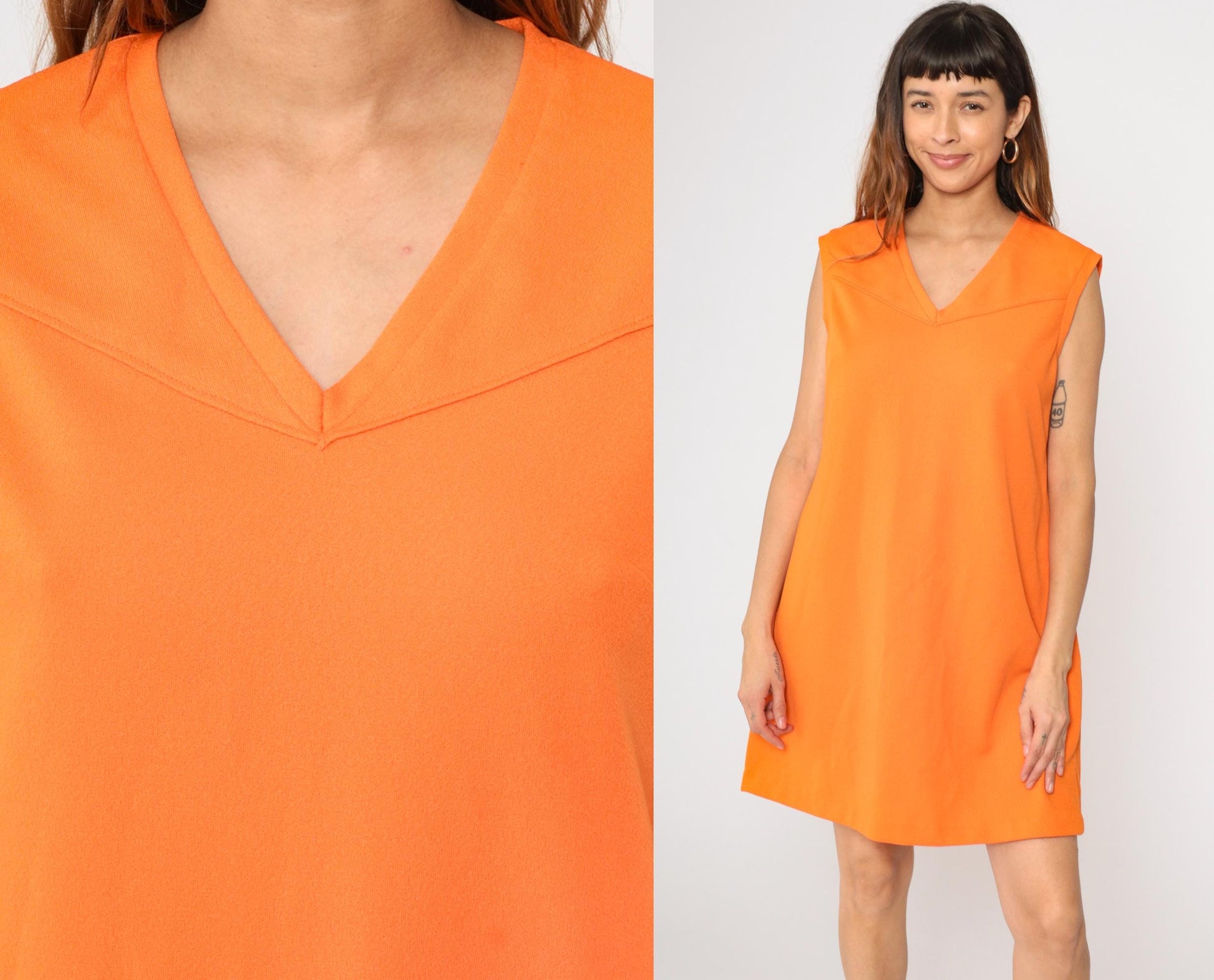 60s Orange Mod Shift Dress V Neck Sleeveless Mini Vintage Medium Large