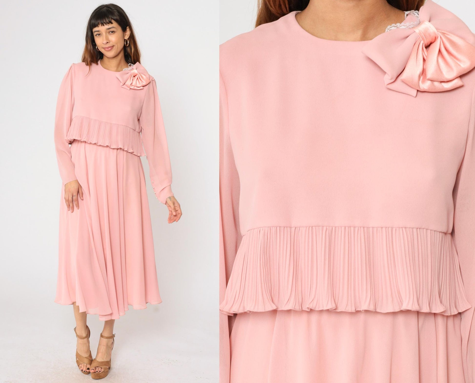 80s Ursula of Switzerland Pink Chiffon Midi Dress Puff Sleeve Bow Medium