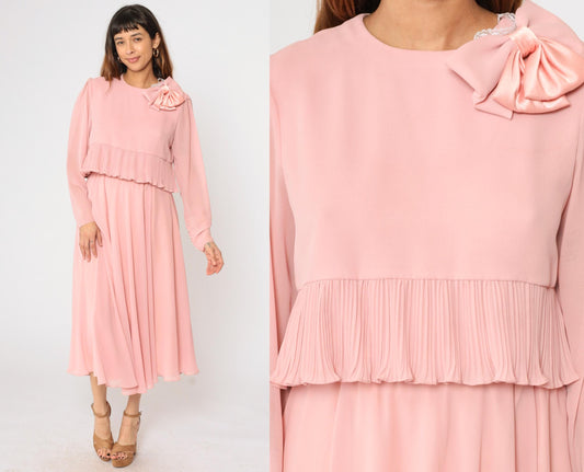 80s Ursula of Switzerland Pink Chiffon Midi Dress Puff Sleeve Bow Medium