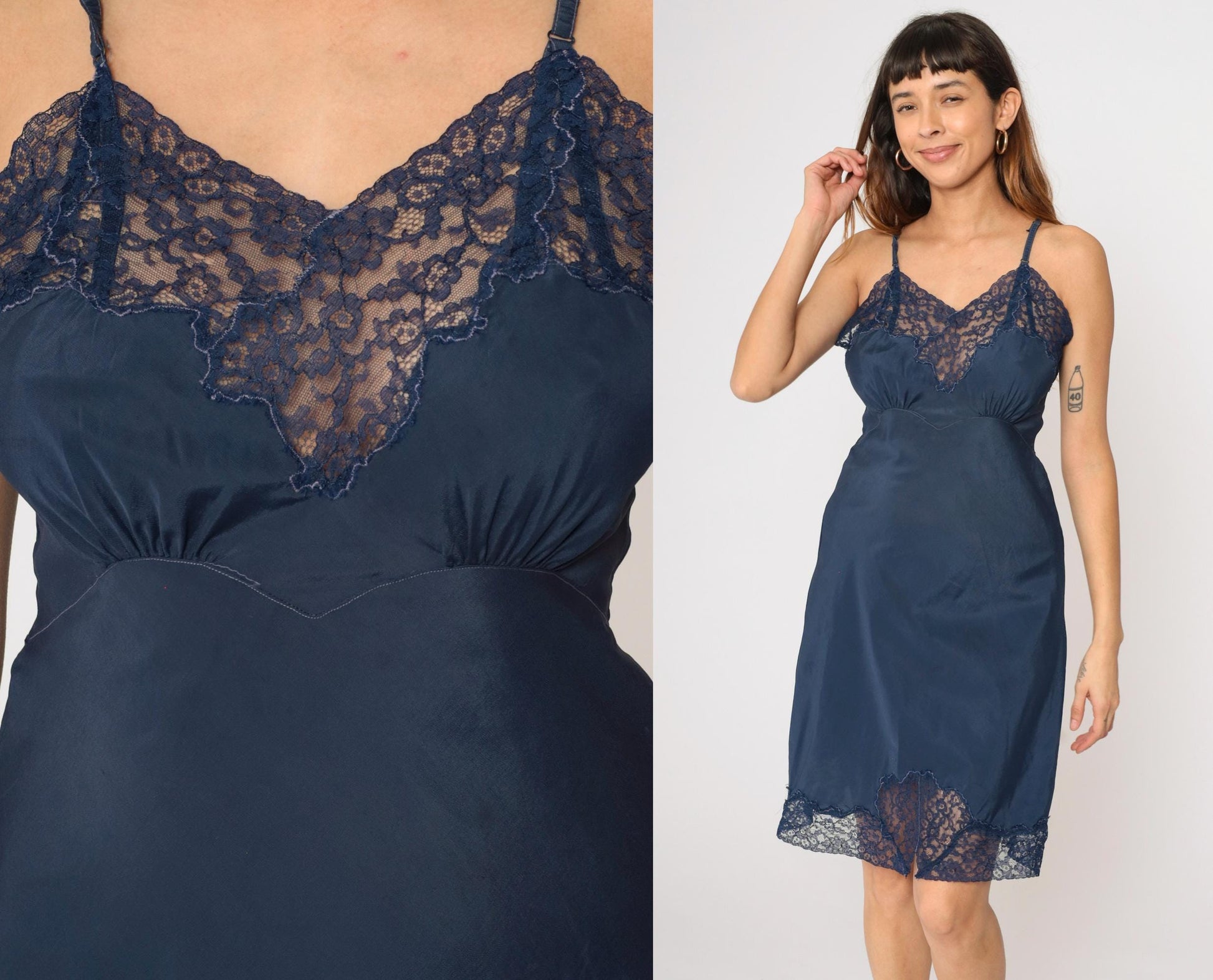 60s Navy Slip Dress Lace Trim Empire Waist Spaghetti Strap Medium