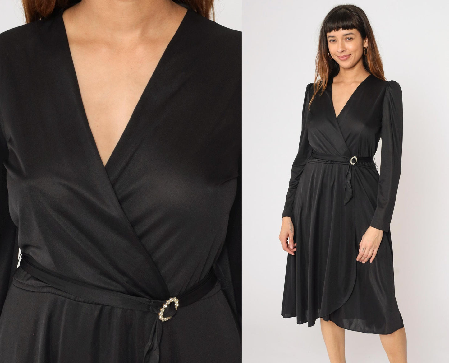 70s Black Wrap Dress Puff Sleeve Deep V Midi High Waist Rhinestone Belt Small