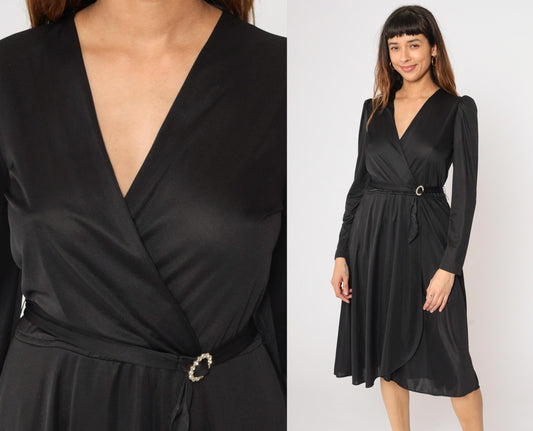 70s Black Wrap Dress Puff Sleeve Deep V Midi High Waist Rhinestone Belt Small