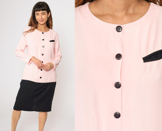 80s Pink Black Colorblock Dress Button Up Knee Length Medium