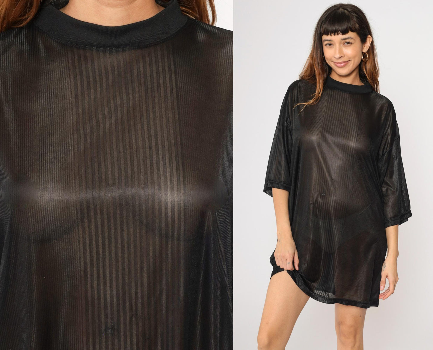 90s Sheer Black Striped Polyester T-Shirt XXL