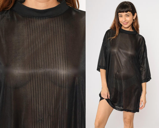 90s Sheer Black Striped Polyester T-Shirt XXL
