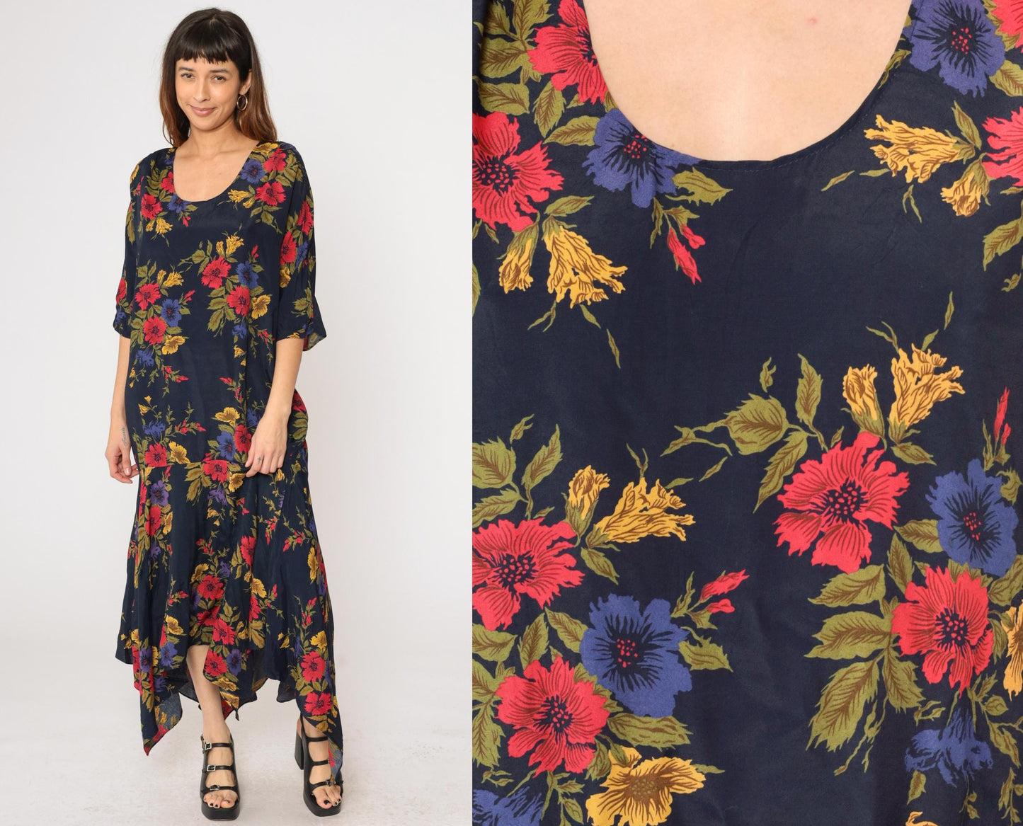90s Navy Floral Maxi Dress Asymmetrical Hanky Hem Drop Waist Medium