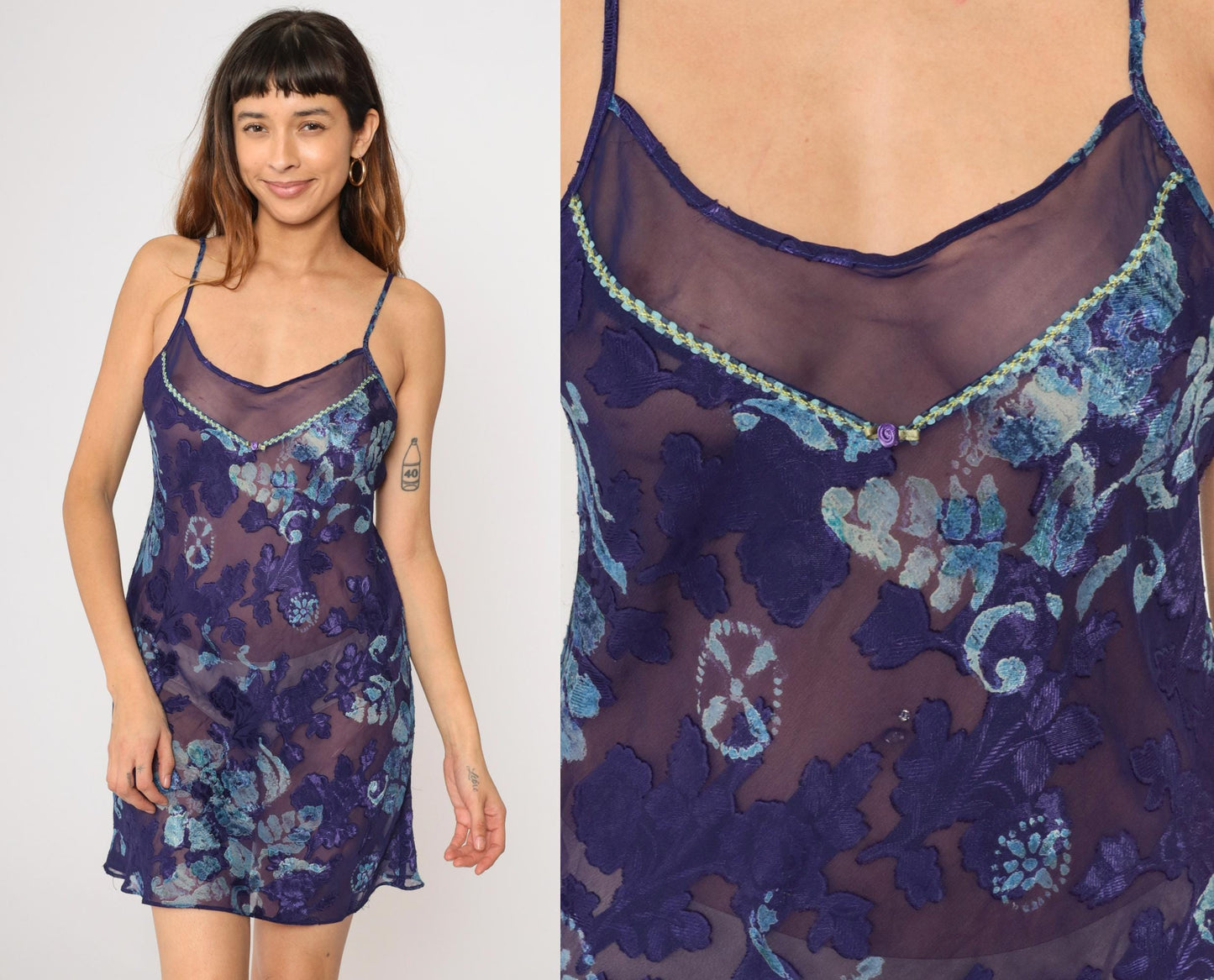 90s Purple Floral Burnout Chiffon Slip Dress Spaghetti Strap Mini Medium