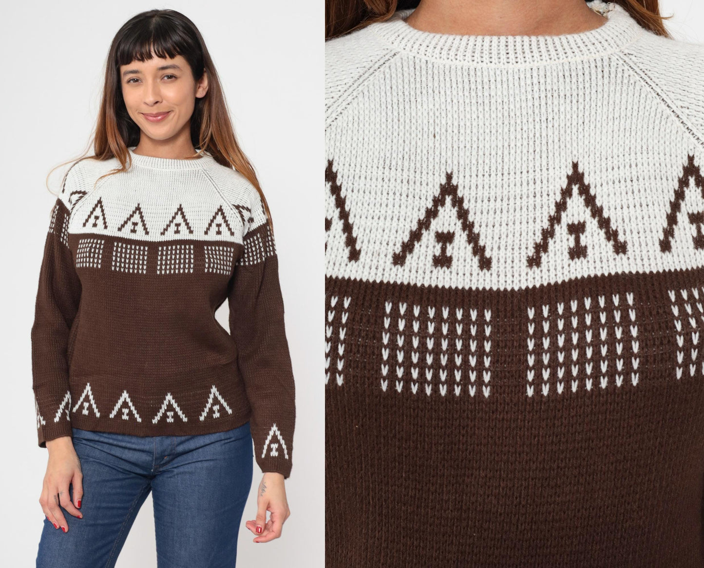 70s Carol Brent Geometric Color Block Sweater Brown White Raglan Small