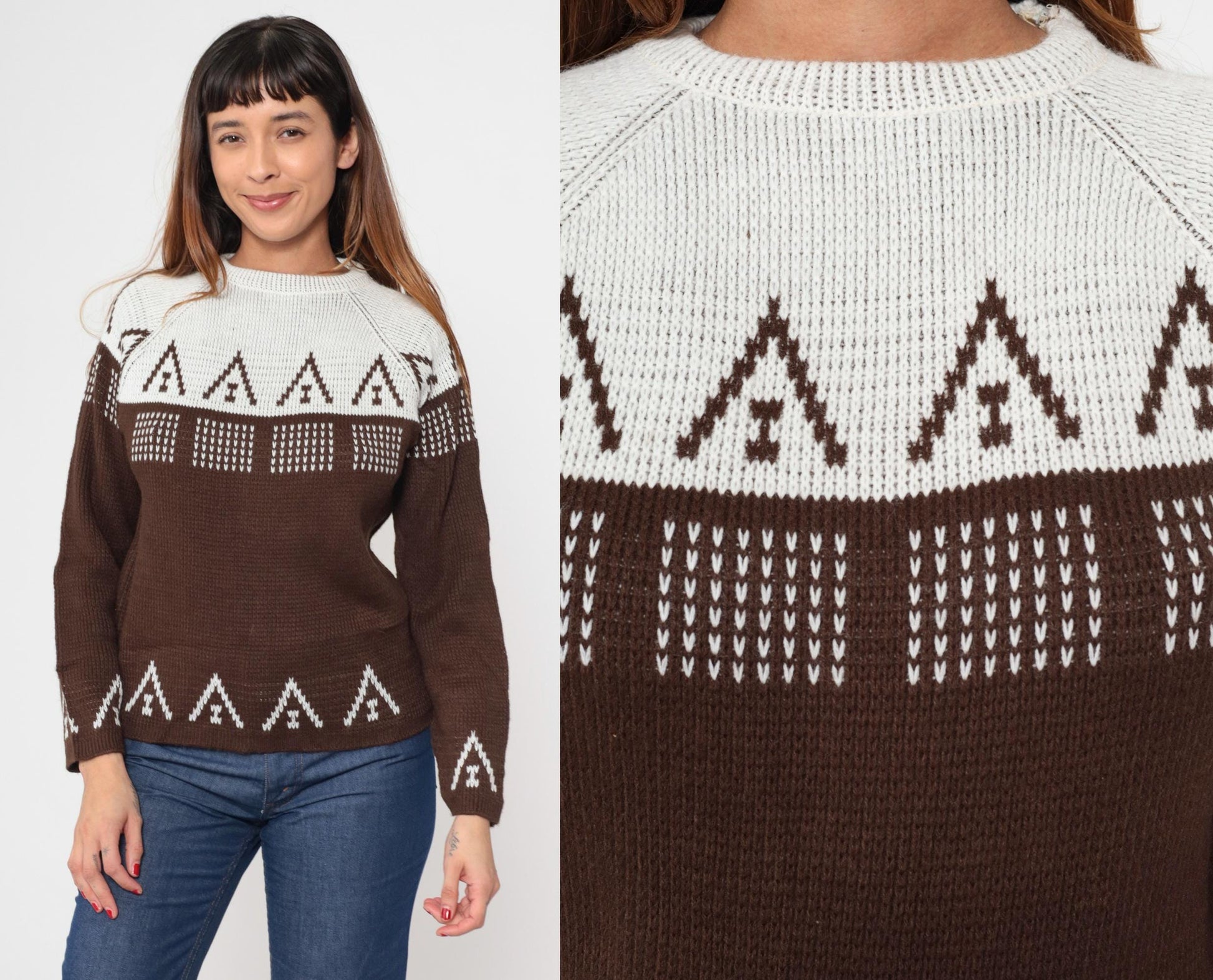 70s Carol Brent Geometric Color Block Sweater Brown White Raglan Small
