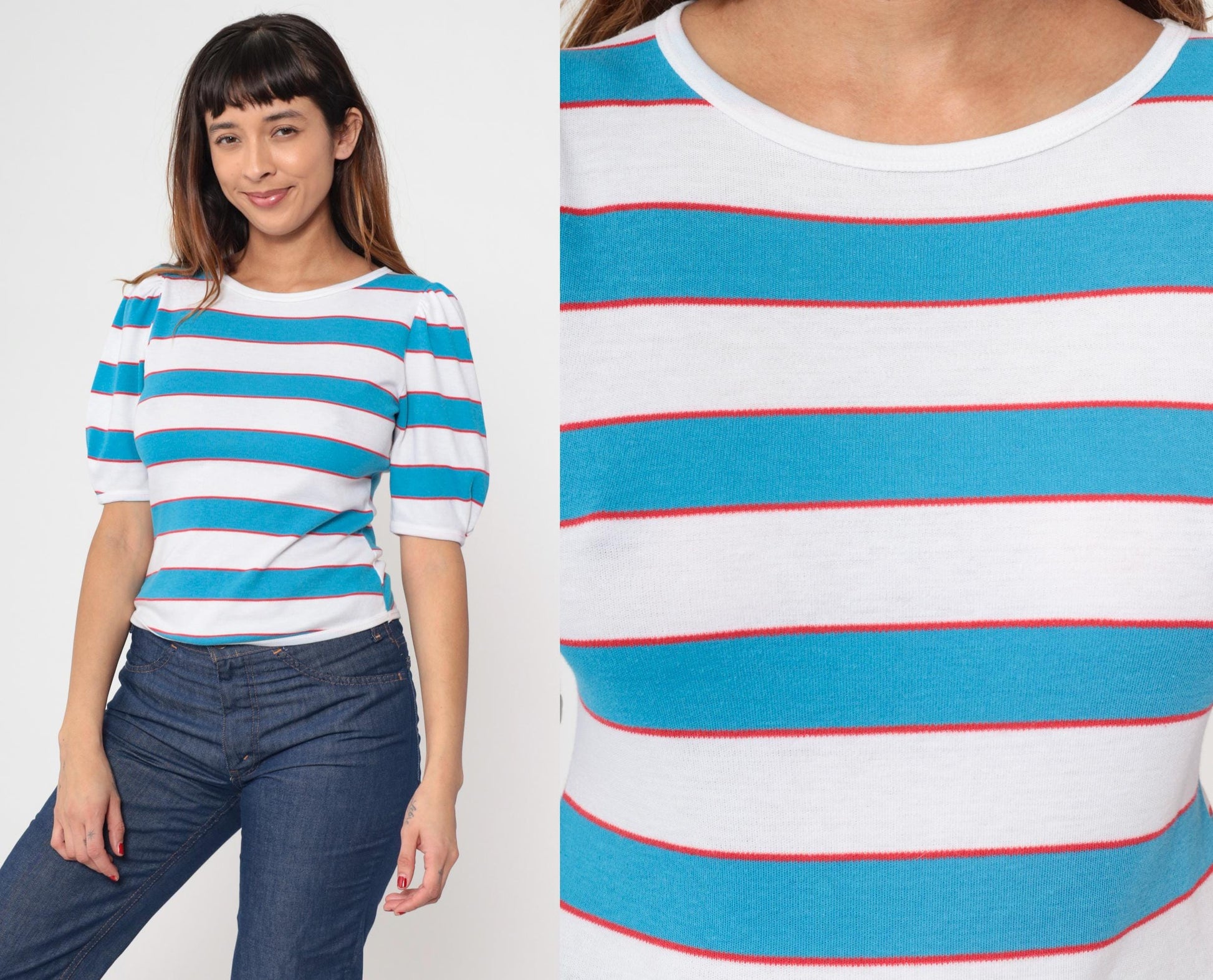 80s Fritzi Striped T-Shirt Puff Sleeve White Blue Red Small