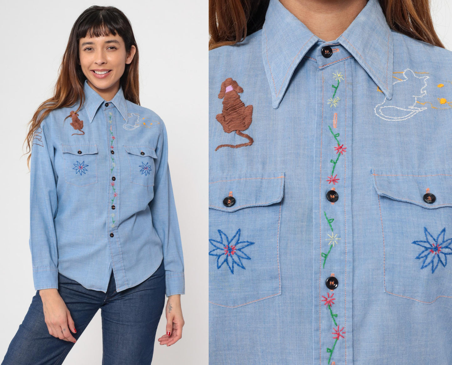 70s Montgomery Ward Chambray Shirt Embroidered Saguaro Cactus Mouse Blue Small