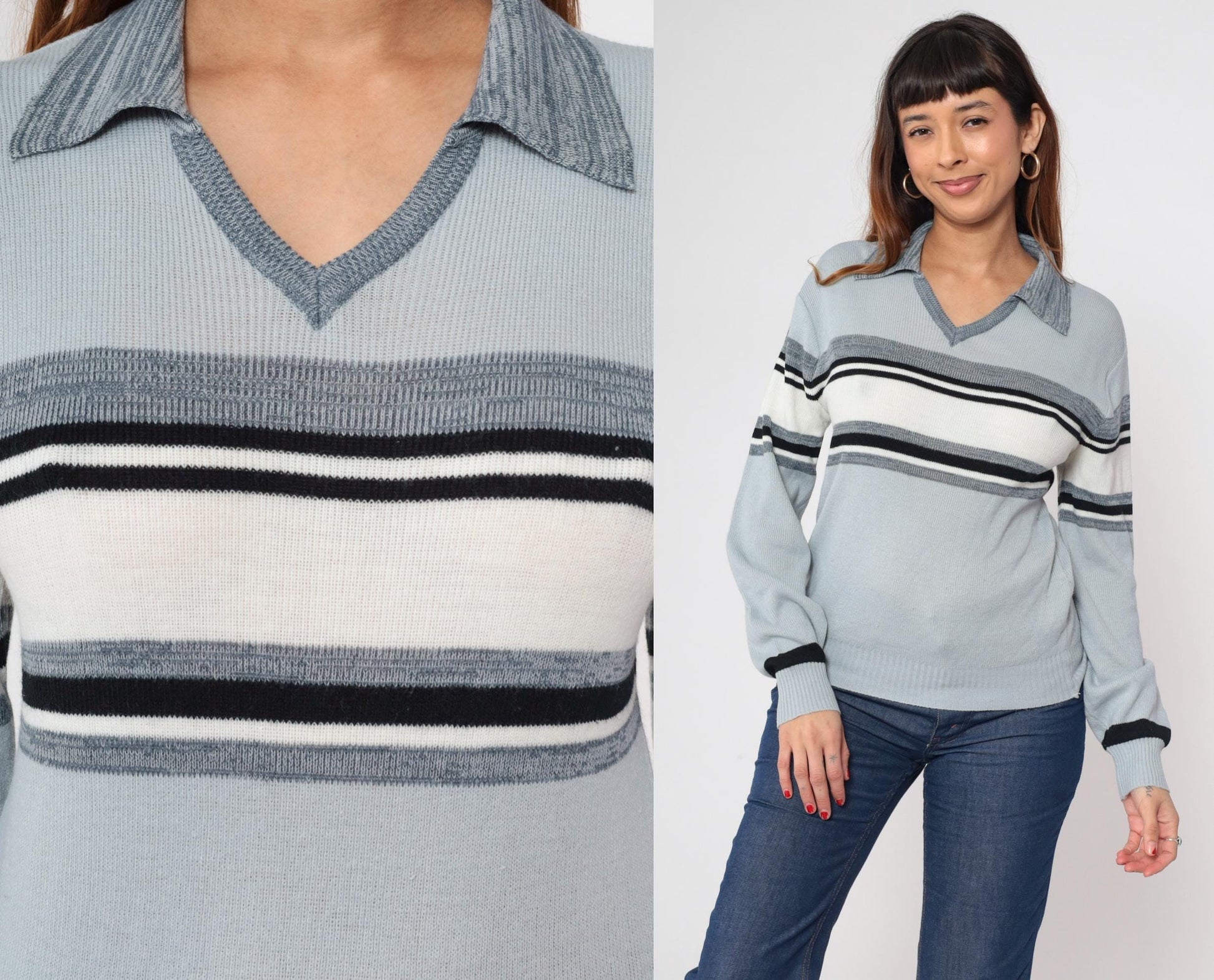 70s Blue Grey Striped Knit Sweater Collared V-Neck Small