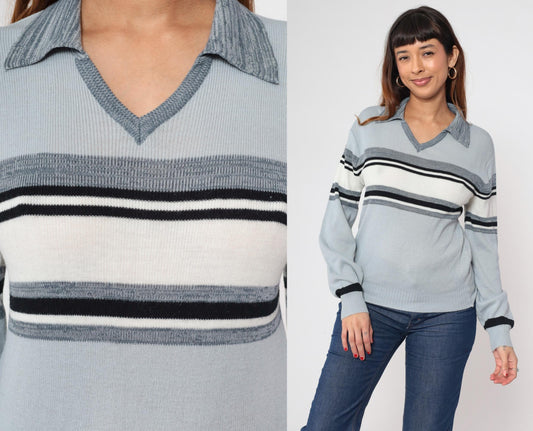 70s Blue Grey Striped Knit Sweater Collared V-Neck Small