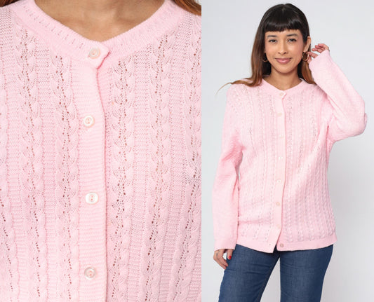 70s Baby Pink Pointelle Cardigan Button-Up Knit Sweater Medium