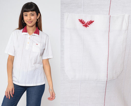 80s White Burgundy Striped Polo Shirt Embroidered Crest Quarter Button Medium