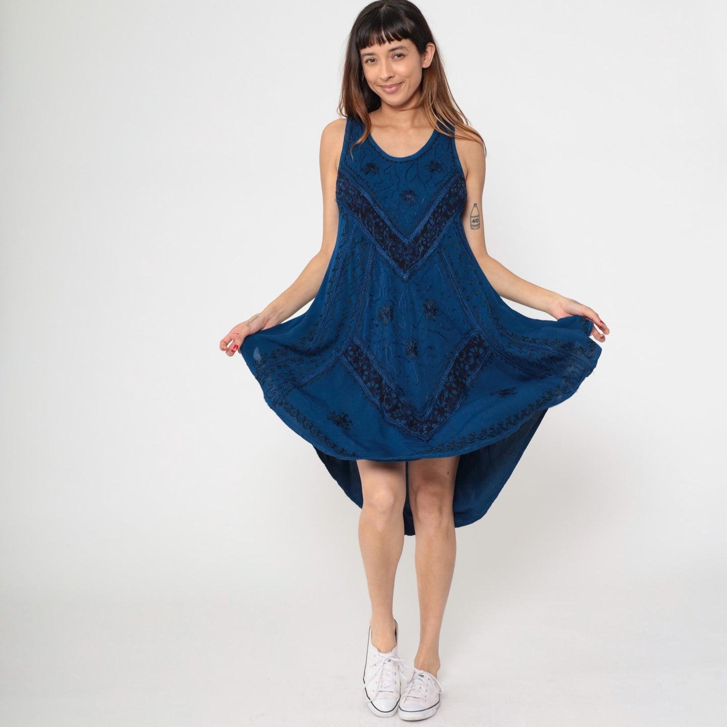 Y2K Dark Blue Embroidered Sundress Asymmetrical Hem Trapeze Cut Medium M