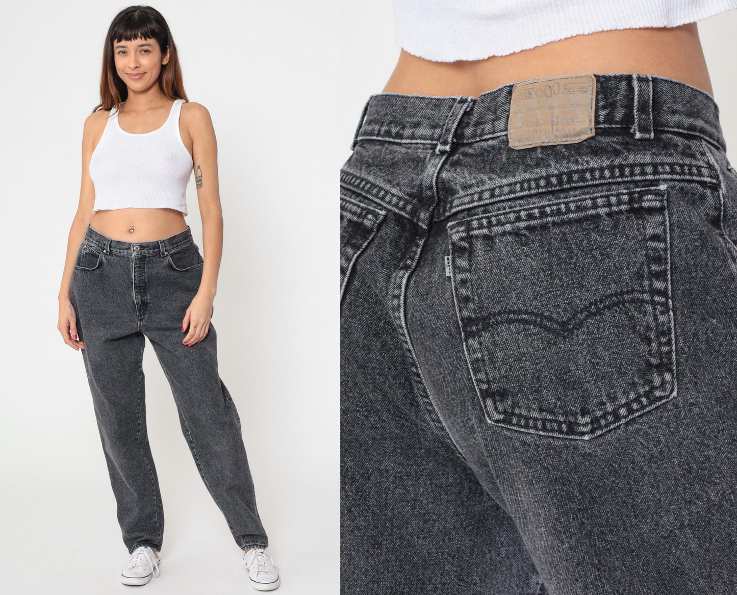 90s Levi's 900 Series High Waist Tapered Jeans Faded Black Denim Large 33x31